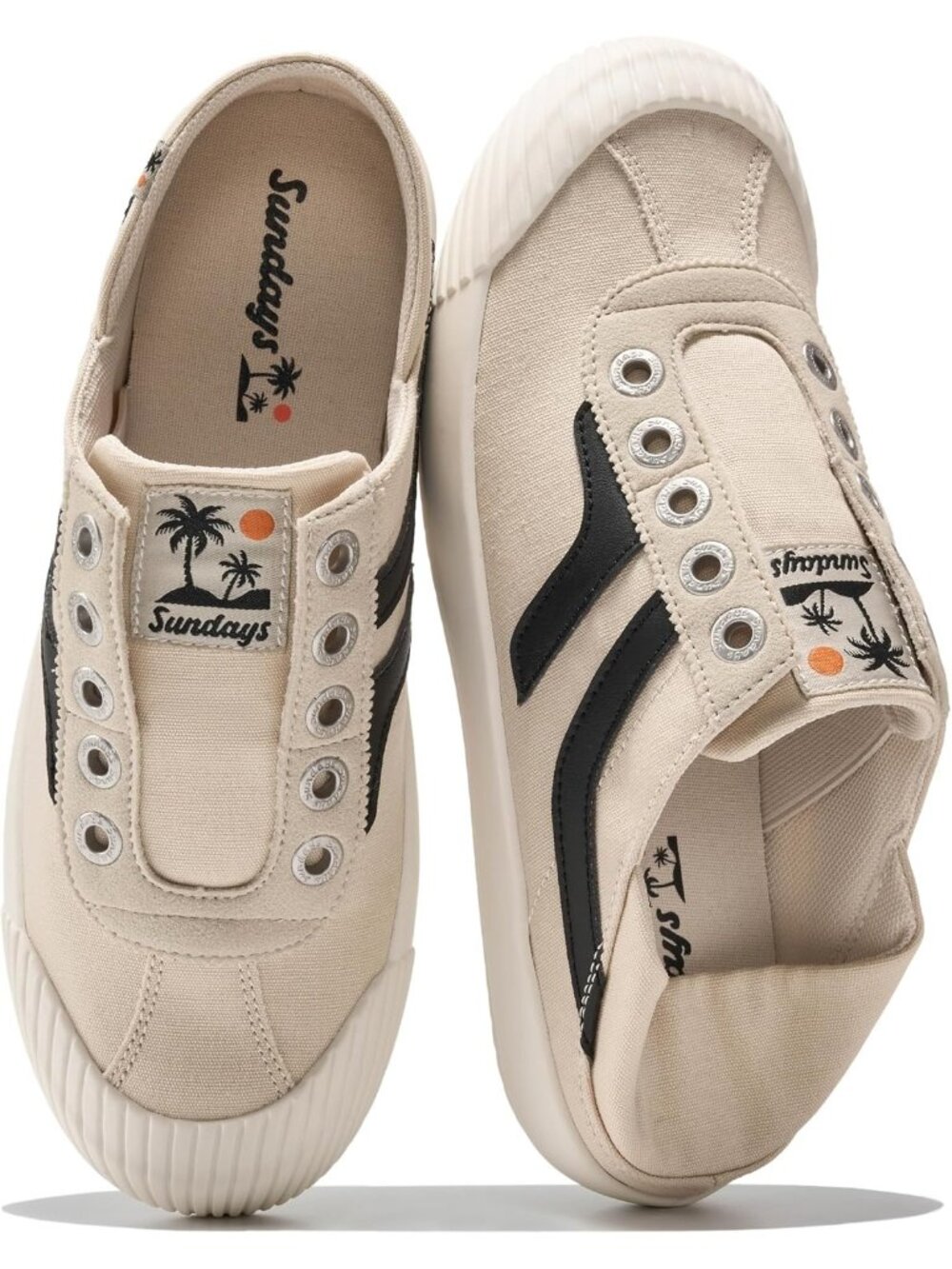 Women's Oatmeal Black Memory Foam Insole Backless Mule Canvas Sneaker Shoes